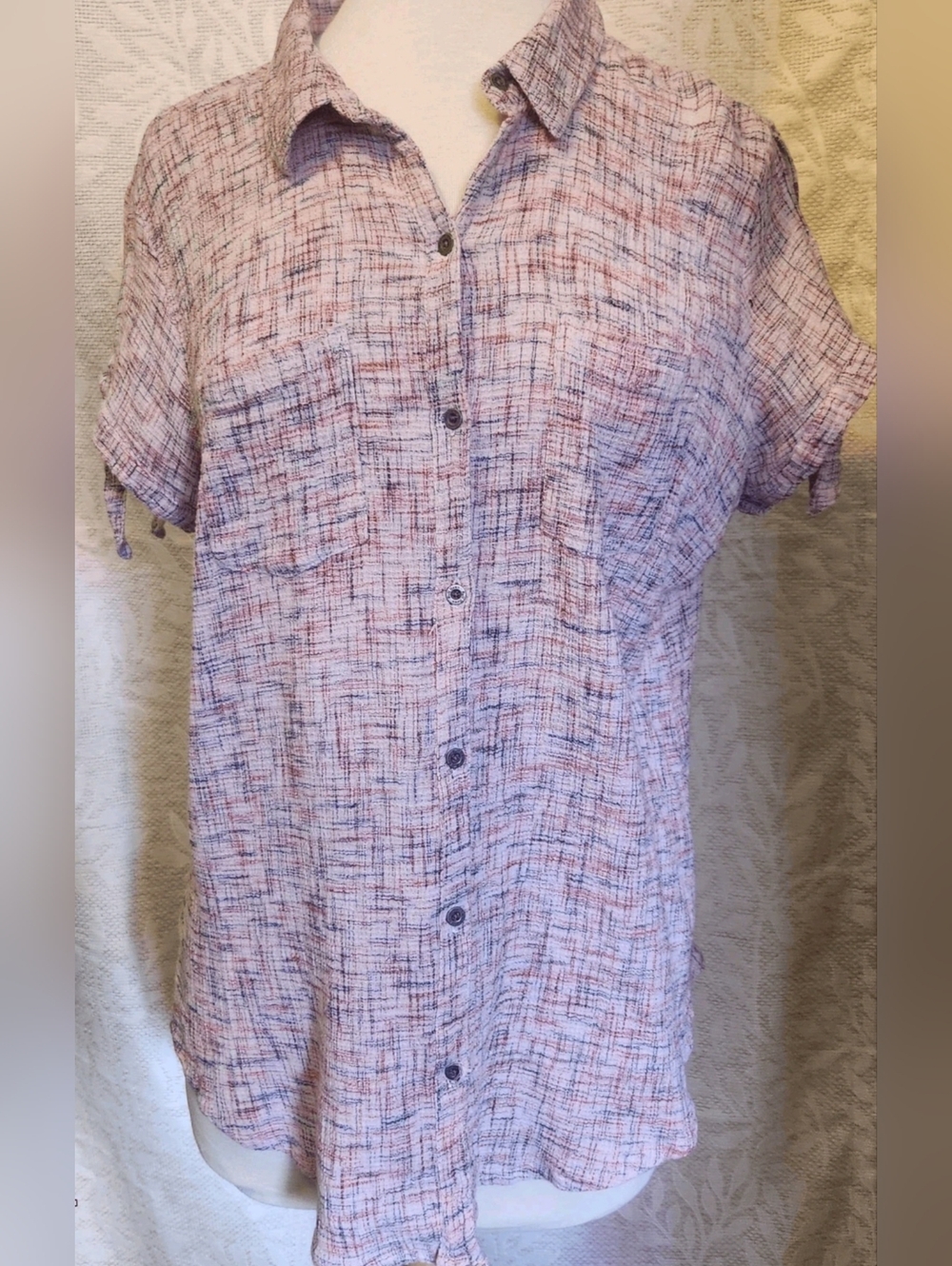 Ruff Hewn Short-Sleeve textured pink & blue Button-Up cut out knotted sleeves